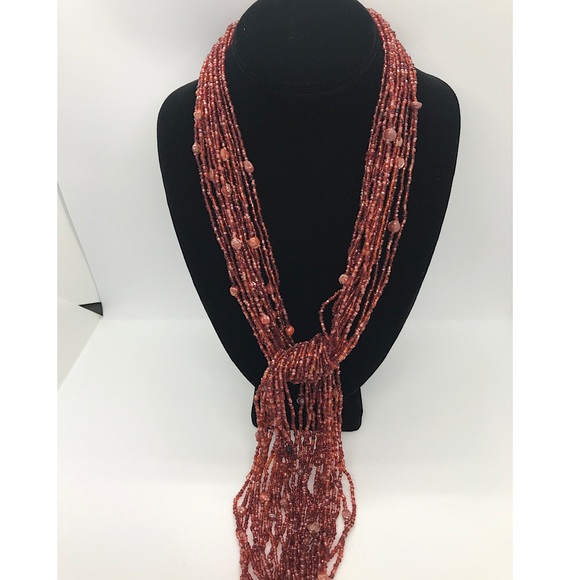 Red Beaded Lariat Artisan Necklace - Picture 2 of 4